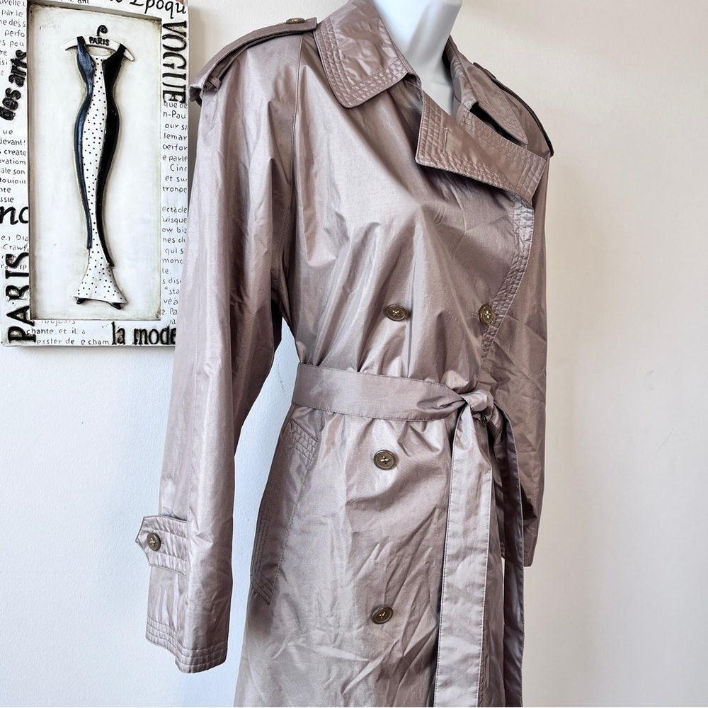 Vintage Minimalist Nylon Double Breasted Tan Trench Raincoat Size 6 - Picture 6 of 14